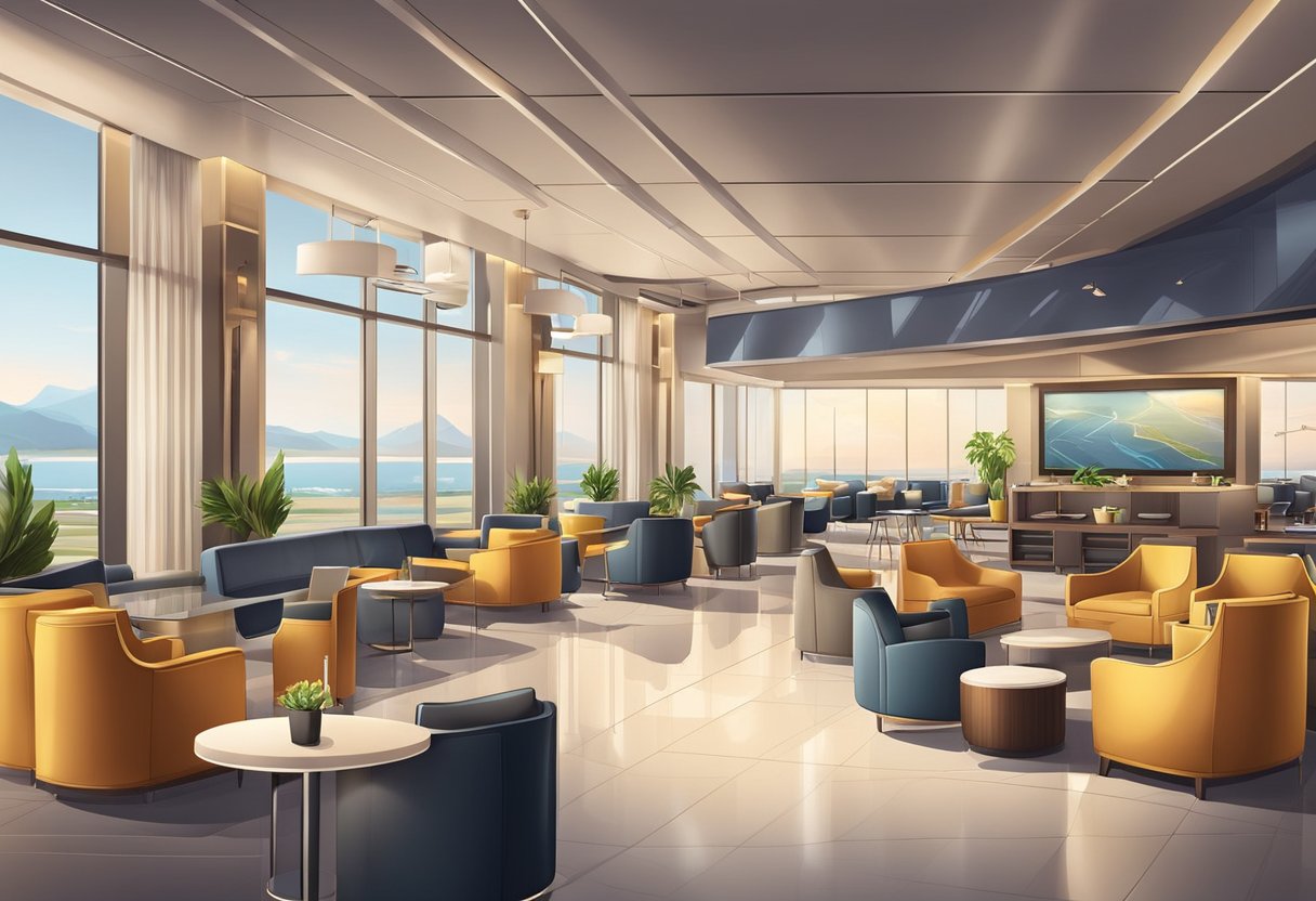 A luxurious airport lounge with comfortable seating, modern decor, and a variety of amenities such as complimentary food and drinks, Wi-Fi, and private workspaces