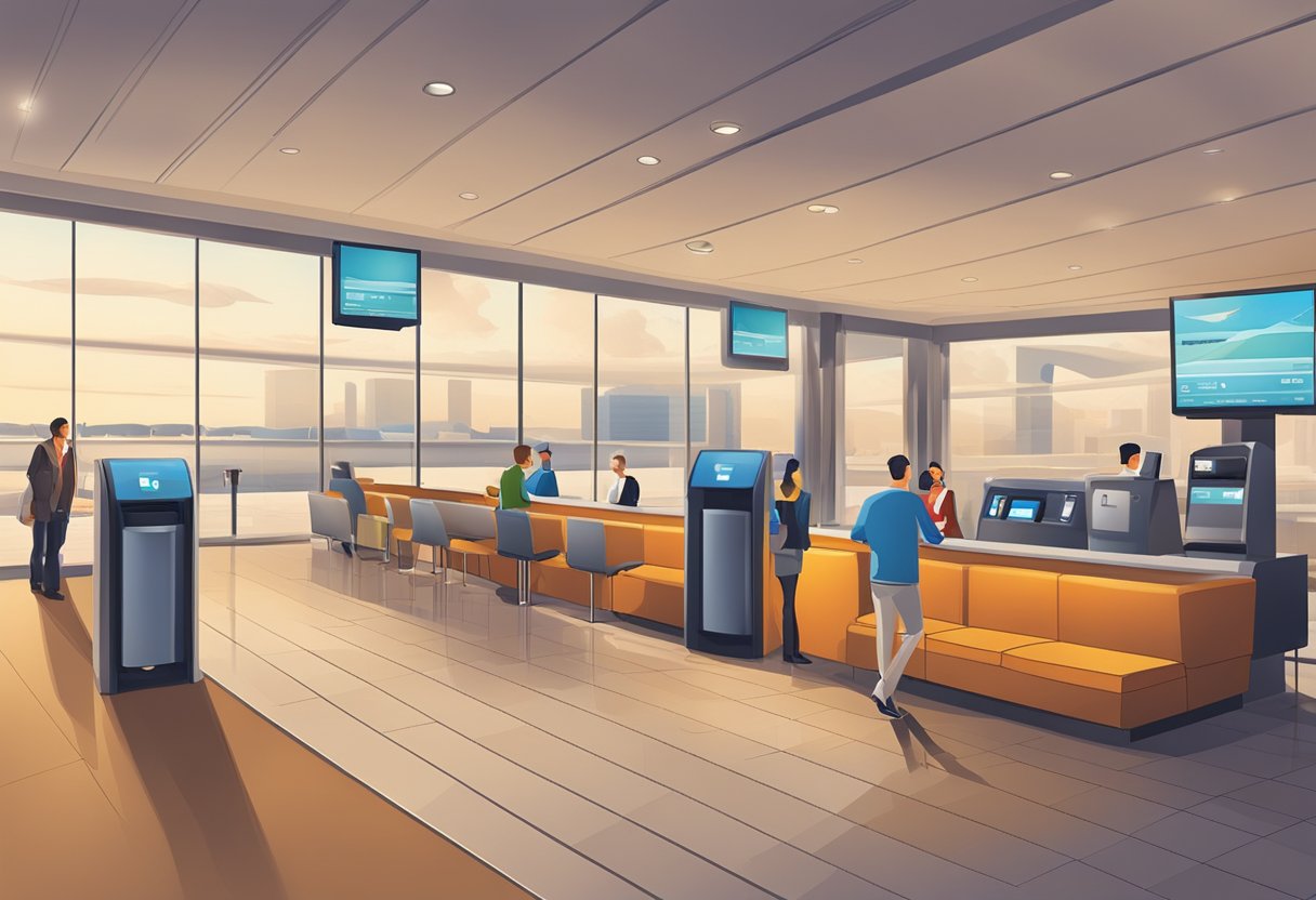 A credit card is swiped at an airport lounge entrance, granting access. Inside, travelers enjoy comfortable seating, refreshments, and amenities, such as Wi-Fi and charging stations