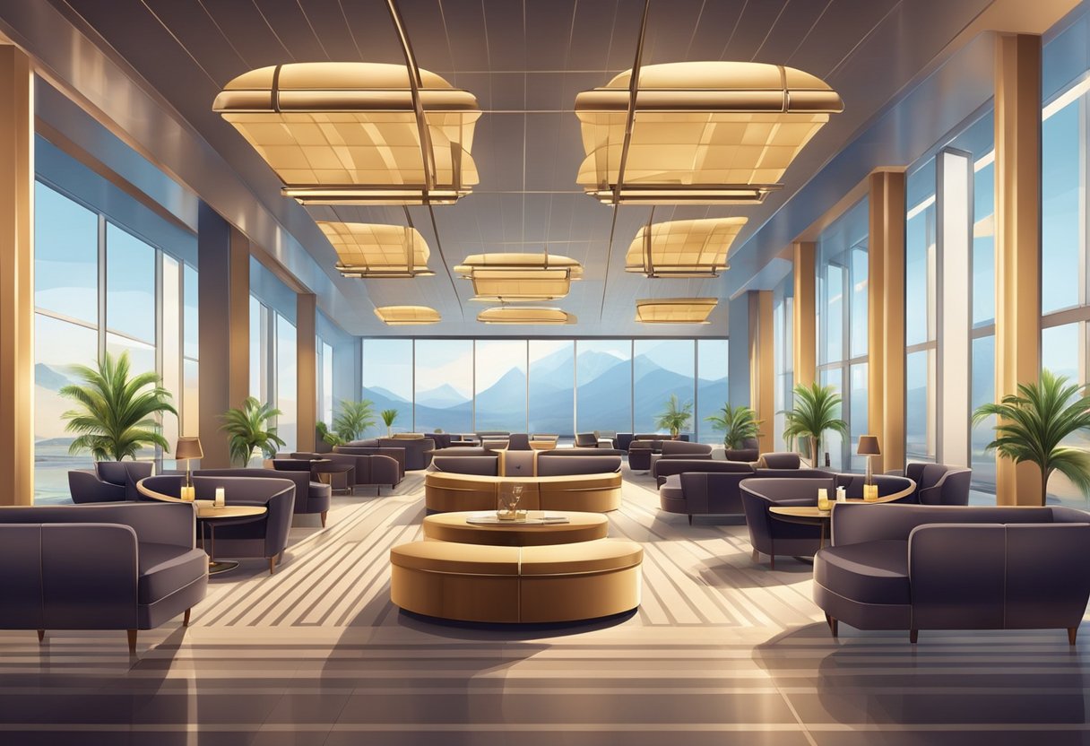 A luxurious airport lounge with comfortable seating, elegant decor, and exclusive amenities for credit card holders