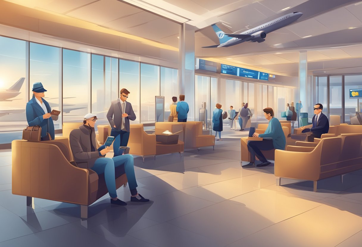 A traveler swipes a credit card to access an airport VIP lounge, enjoying luxury amenities and comfortable seating while waiting for their flight