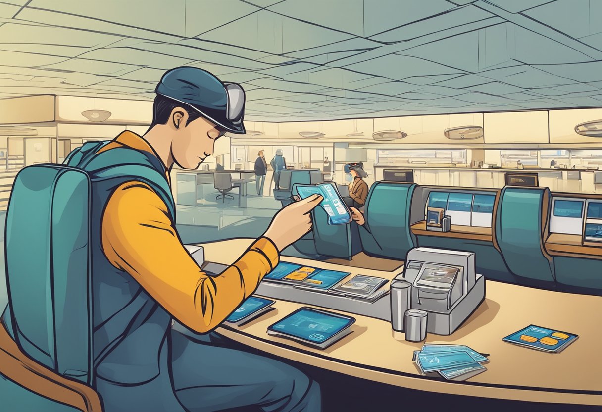 A traveler selects a credit card while envisioning the benefits of airport VIP lounges