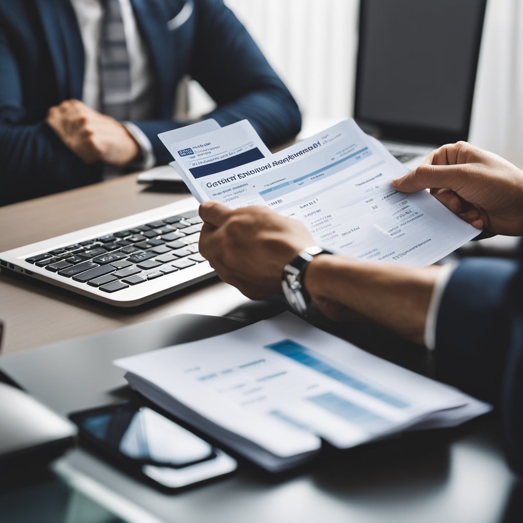 A person sits at a desk with a credit card statement. They are calculating expenses and making a plan to pay off the full balance each month