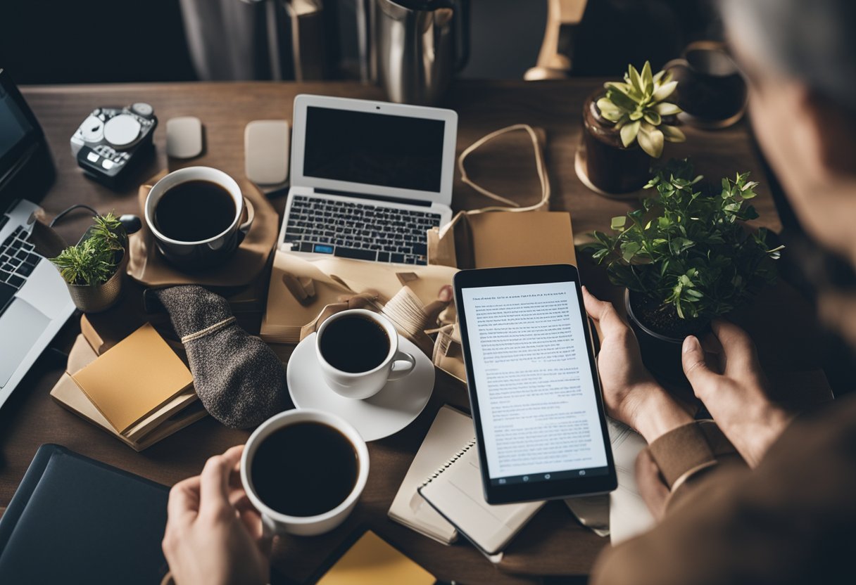 Uma pessoa lendo um livro físico cercada por vários dispositivos eletrônicos, como smartphone, tablet e laptop. O contraste entre os hábitos de leitura tradicionais e digitais é evidente