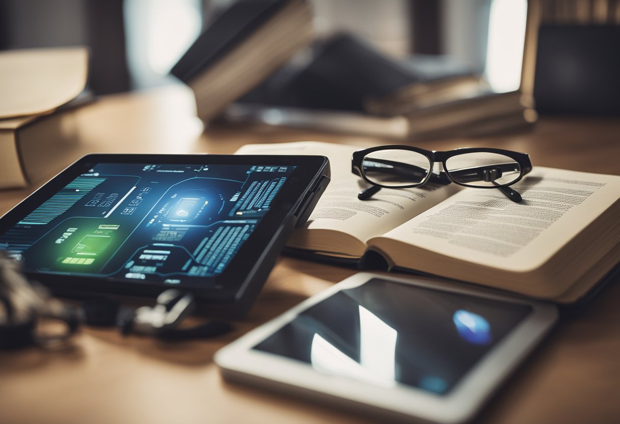 The scene depicts a modern, tech-filled environment with electronic devices and books, showcasing the impact of technology on reading habits and comprehension