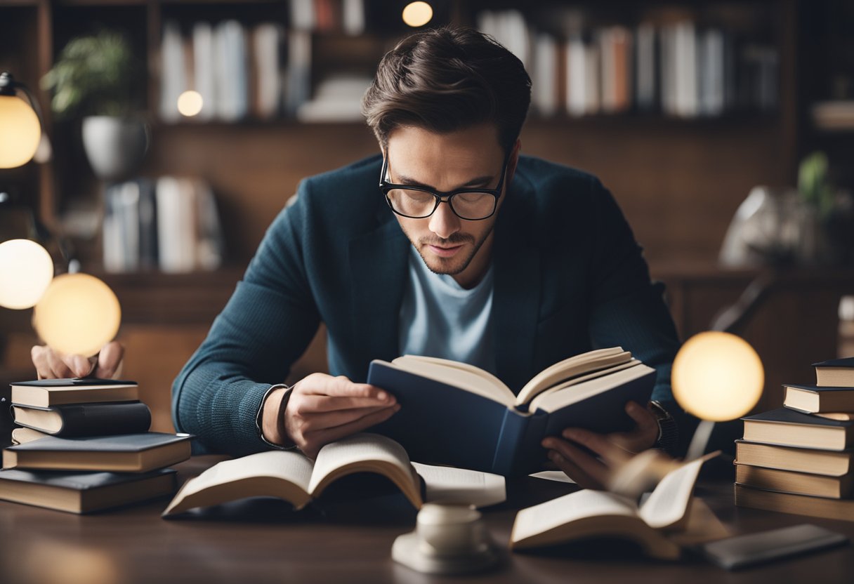 A person reading a physical book while surrounded by electronic devices, showing the impact of technology on reading habits