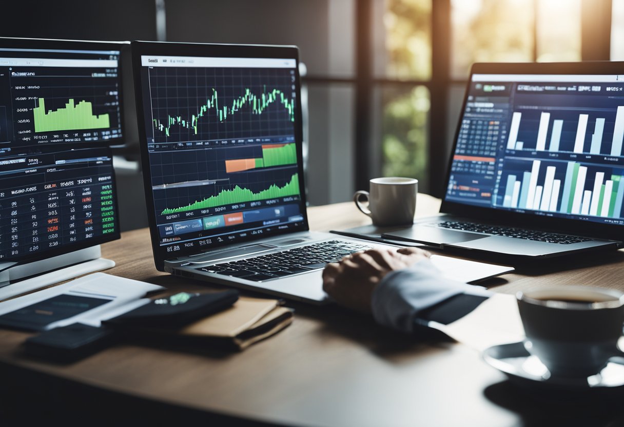Uma pessoa sentada a uma mesa com um laptop e documentos financeiros, rodeada de livros sobre investimentos e uma calculadora. Um gráfico que mostra as tendências do mercado de ações é exibido na tela do computador