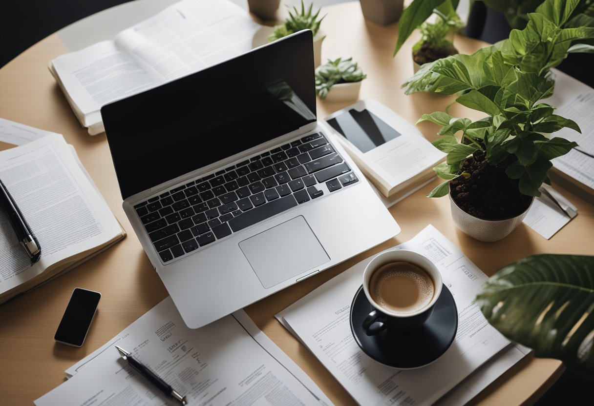 Uma pessoa sentada a uma mesa com um laptop e documentos financeiros, rodeada de livros sobre investimentos e uma calculadora. Uma planta e uma xícara de café também estão sobre a mesa