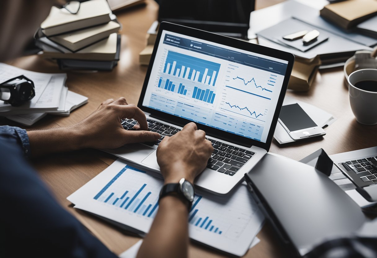 Uma pessoa pesquisando opções de investimento financeiro, cercada por livros, um laptop e gráficos financeiros. Eles estão tomando notas e organizando seus pensamentos