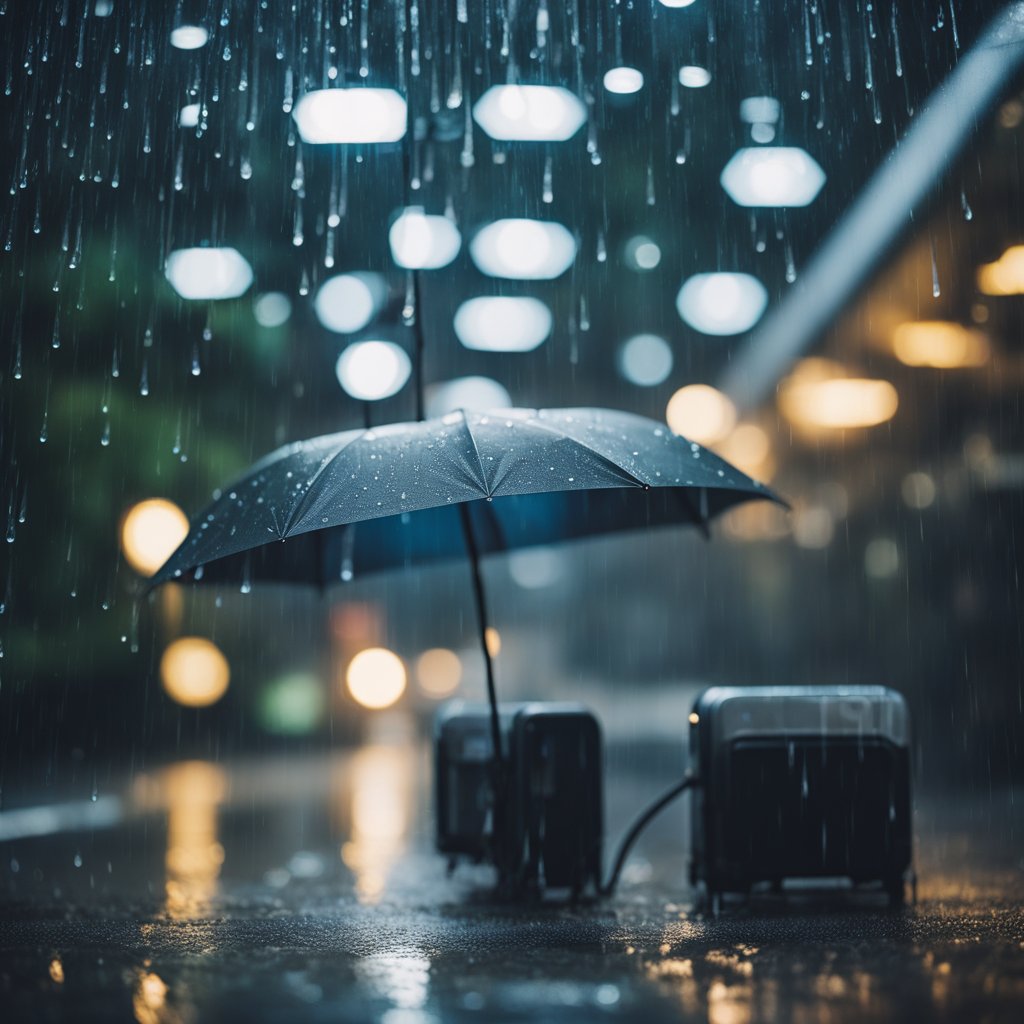 Eletrônicos cobertos com materiais à prova d'água sob um abrigo durante uma forte tempestade de chuva
