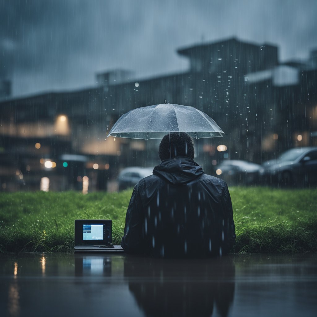 Uma pessoa cobre dispositivos eletrônicos com capas protetoras durante uma tempestade de chuva.