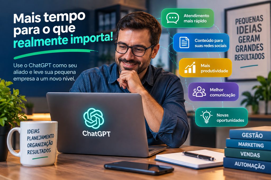 Empreendedor usando ChatGPT para aumentar a produtividade de uma pequena empresa