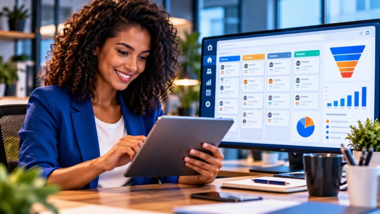 Profissional no Escritorio com Dashboard CRM