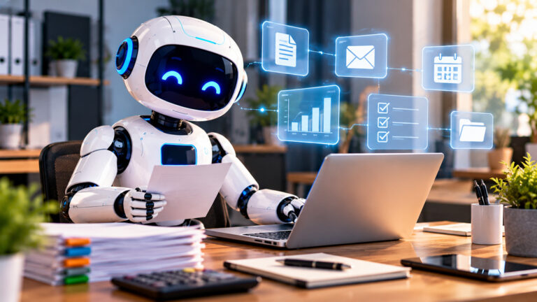 Robo futurista analisando dados no escritorio