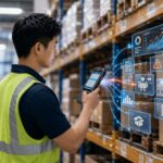 Inteligência artificial no controle de estoque de uma pequena empresa, com robô auxiliando na análise de dados.