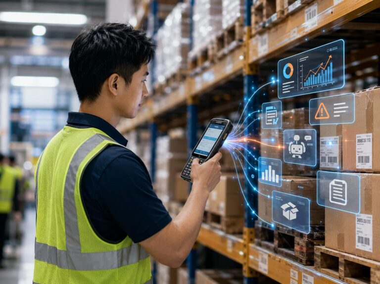 Como Usar Inteligência Artificial no Controle de Estoque em 2027: 8 Aplicações Práticas 1 Inteligência artificial no controle de estoque de uma pequena empresa, com robô auxiliando na análise de dados.